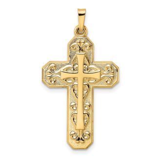 Diamond2Deal 14k Yellow Gold Polished Textured Hollow Scroll Design Double Cross Pendant