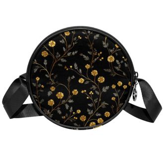 Generic Circle Crossbody Bag for Women, Floral Small Golden Small Sling Bag Daypack with Zipper Adjustable Shoulder Straps Casual Ladies Girls Round Purse