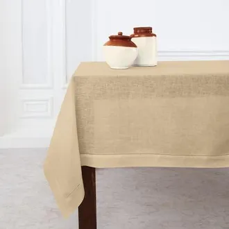 Solino Home Linen Tablecloth for Dining Table, Holiday and Everyday Table Decor - Classic Hemstitch in Beige at Nordstrom, Size X-Small
