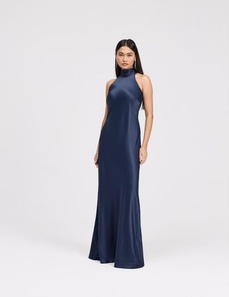 Ghost London Angelica High Neck Satin Maxi Dress in Navy at Nordstrom, Size 12