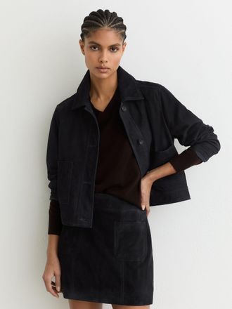 Reiss Navy Suede Patch-pocket Mini Skirt, 12