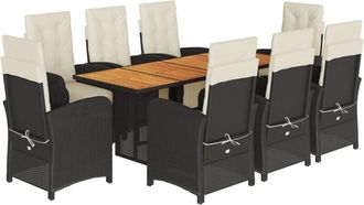 vidaXL 9 Piece Garden Dining Set with Cushions Black Poly Rattan Vidaxl