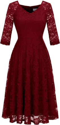 Dressystar Woman Dress Lace Floral Dress Long Sleeve Cocktail Dress Casual Summer Dress Red Midi Dress DarkRed S