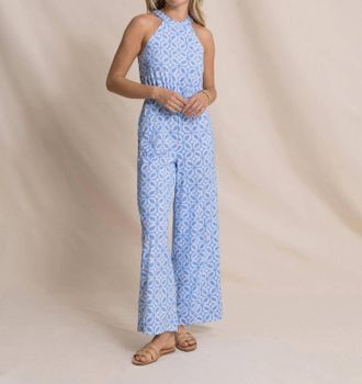 Southern Tide Karrigan Printed Perf Jumpsuit In Ocean Channel