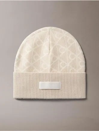 Calvin Klein Womens Allover Emblem Logo Wool Beanie - White - OS