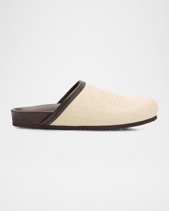 Brunello Cucinelli Monili Leather-Trimmed Raffia Mules