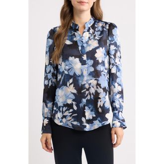 Anne Klein Floral Print Top in Dutch Blue Multi at Nordstrom, Size Xx-Small