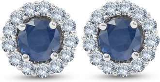 Pompeii3 2 1/5 Ct Halo Diamond & Blue Sapphire Studs 14k White Gold
