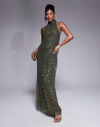 Asos open knit sequin halterneck maxi dress with twisted back detail in dark green
