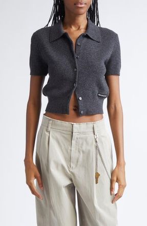 Alexander Wang Logo Short Sleeve Wool Crop Cardigan in Charcoal at Nordstrom, Size X-Large