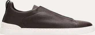 Ermenegildo Zegna Mens Triple Stitch Deerskin Leather Slip-On Sneakers