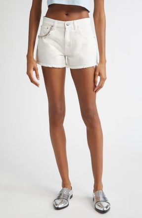 Area Crystal Pocket Denim Cutoff Shorts in White at Nordstrom, Size 24
