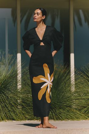 Cala de la Cruz Gaia V-Neck Cut-Out Puff-Sleeve Linen Maxi Dress