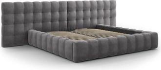 MICADONI Cama con cabecero doble y baúl de terciopelo gris