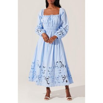 ASTR the Label Wisnia Long Sleeve Eyelet Embroidered Dress in Blue at Nordstrom Rack, Size X-Small