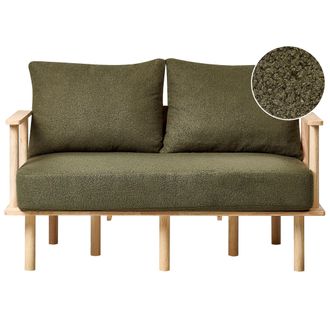 Beliani Sof&aacute; 2 Plazas Estilo Minimalista Estructura De Madera Clara Tapizado En Boucl&eacute; Verde Oscuro Asker