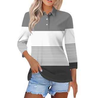 Generic Womens Polo Shirts 3/4 Sleeve Striped Color Block Button Up Golf Tennis Tops Dressy Casual Fitted Business Work T-Shirt(03, M) damenbluse