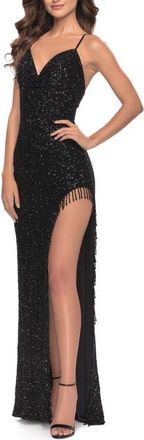 La Femme Sequin Dress with Stunning Fringe Beaded Slit in Black at Nordstrom, Size 10