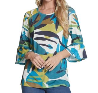 Multiples 3/4 Flounce Sleeve Top In Leaf Print