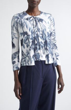 Oscar De La Renta Print Palm Leaf Cotton Blend Cardigan in Navy/White at Nordstrom, Size X-Small