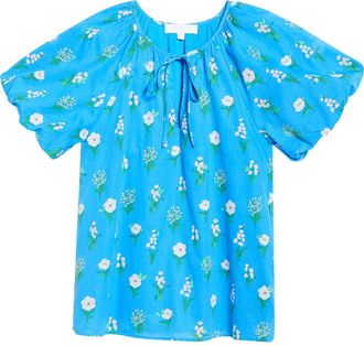 Sugarlips Jazleen Floral Print Puff Sleeve Top in Blue White Green at Nordstrom, Size X-Large