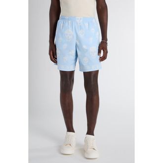 Alexander McQueen Classic Skull Print Swim Trunks in Ice Blue/White at Nordstrom, Size Medium