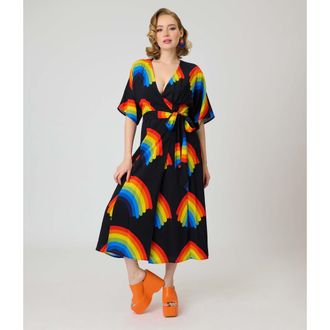 Unique Vintage Tie Wrap Surplice Midi Dress in Black W/Rainbow Print at Nordstrom, Size X-Large