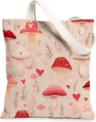 Generic Floral Mushroom Canvas Tote Bags, Cute Plant Pattern Reusable Grocery Bags, Vintage Lightweight Washable Shoulder Strap Can, Peach, 13x15 Inch