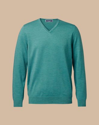 CHARLES TYRWHITT Merino V-Neck Wool Jumper - Teal Size Large by Charles Tyrwhitt