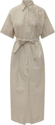Brunello Cucinelli Beige Embellished Shirt Collar Midi Dress