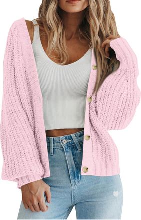 Generic Pink Women Chunky Cardigans - Knitted, Button Down, Plain Colour, V Neck, Lantern Sleeve, Casual Knitwear, Cropped Jackets, Loose Fit Short Cardigans 
