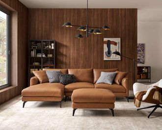 Castlery Lena Leather Chaise Sectional Sofa Left Facing with Ottoman, Cocoa American Top Grain Leather, Matte Black Legs