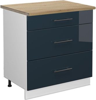 Vicco Mueble Bajo De Cocina Fame-line, Azul Oscuro Alto Brillo, 80 Cm Con 3 Cajones, Et Roble