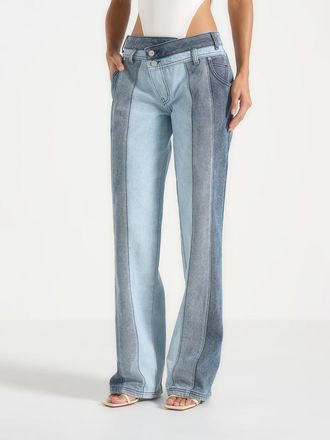 Mani&egrave;re De Voir Jacinda Colour Block Straight Leg Jeans in Mid Blue at Nordstrom, Size 10
