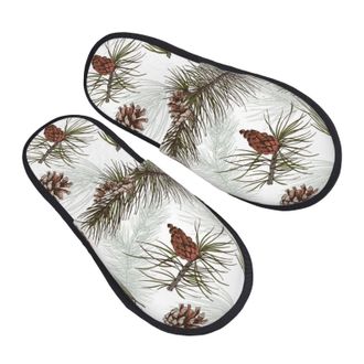 Generic House Slippers Pine Cones Tree Branch Unisex Fuzzy Slippers Non-Slip Cotton Slipper For Bedroom Holiday Winter M