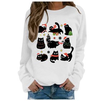 Generic Christmas Sweatshirt for Women UK Funny Cat Graphic Printed Jumper Long Sleeve Crewneck Winter Warm Xmas Holiday Pullover Lightweight Loose Fleece Rag