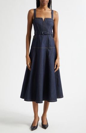 Cinq &agrave; Sept Tina Belted Stretch Denim Midi Sundress in Indigo at Nordstrom, Size 10