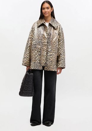 Ganni Brown Leopard Laminated Cotton Jacket