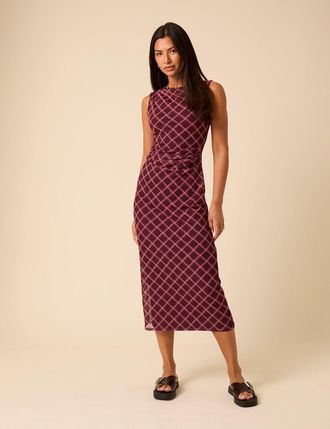Nobody's Child Burgundy Printed Ruched Mesh Midi Dress