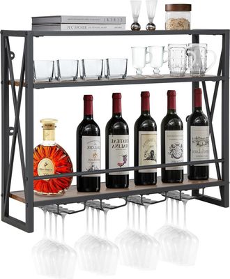 Costway Costway - Estante De Vino Industrial De Pared, Estante De Vino De Pared De 3 Niveles Con 4 Portavasos Para Copas, Soporte De Botellas De Vino Colgante