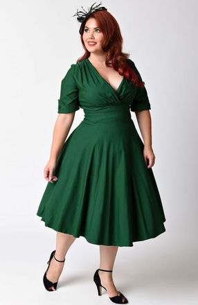 Unique Vintage Plus Size Half Sleeve Surplice Delores Swing Dress in Emerald at Nordstrom, Size 3X
