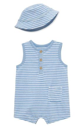 Little Me Stripe Terry Romper & Hat Set in Blue at Nordstrom, Size 12M