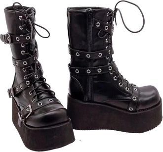 Generic Punk Plus Size Autumn Women Boots Buckle Round Toe Wedges Platform Boots Punk Goth INS Street Shoes Combat Boots For Women(10.5US)
