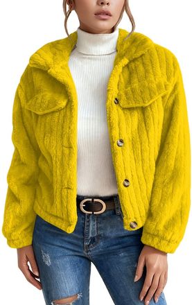 Generic Women Stand Collar Fleece Jacket Winter Warm Soft Short Coat Thickened Casual Outerwear For Fall And Cool Seasons (Yellow, S)