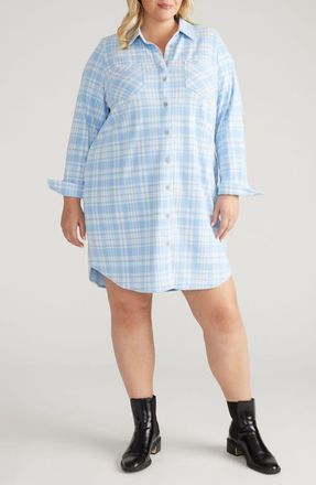 Universal Standard Long Sleeve Check Flannel Shirtdress in Teapot Blue Plaid at Nordstrom, Size 4Xl