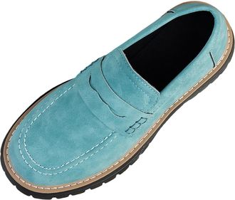 Generic Blue Women Casual Wear Frosted Finish Round Toe Design Thick Heel Loafers Mid Height Shoes for Daily Use in Various Settings