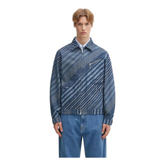 Kenzo Jassen, Heren, Blauw, L, Katoen, Diagonal Stripe Zipped Trucker Jacket