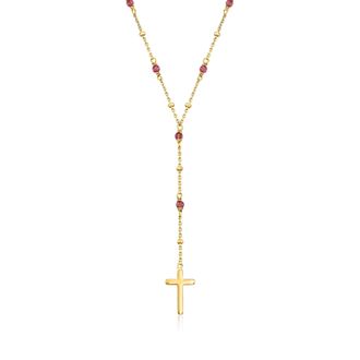 Ross-Simons Garnet Rosary Beads With Cross Necklace in 18kt Gold Over Sterling