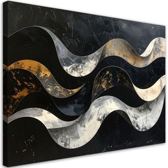 Feeby Cuadro En Lienzo, Olas Abstractas Sobre Fondo Negro, 120x80