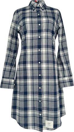 Thom Browne Plaid Midi Shirt Dress in Navy Blue Cotton